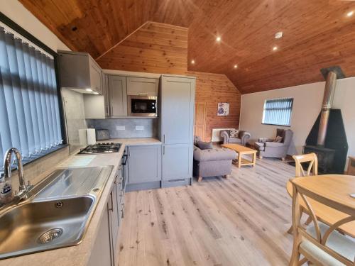 a kitchen and living room in a log cabin at Willow Plus 4 Hot Tub in Garton