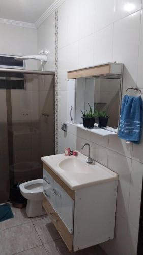 a bathroom with a sink and a toilet at Chácara Minerva RC casa com piscina house with pool in Rio Claro
