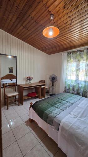 a bedroom with a large bed with a wooden ceiling at Mia's Home in Kalamata