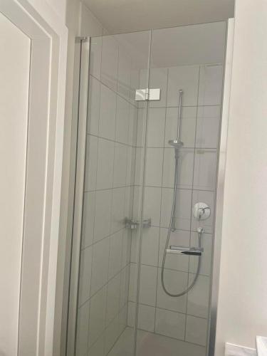 a shower with a glass door in a bathroom at City Studio 2 in Zürich
