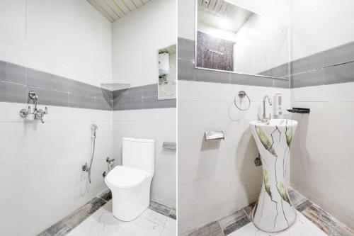 two pictures of a bathroom with a toilet and a sink at Hotel O Pragati in Jairāmpura