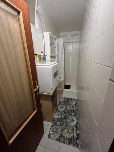 a bathroom with a shower and a sink and a door at Ubytování v soukromí Luhačovice - Pozlovice in Luhačovice