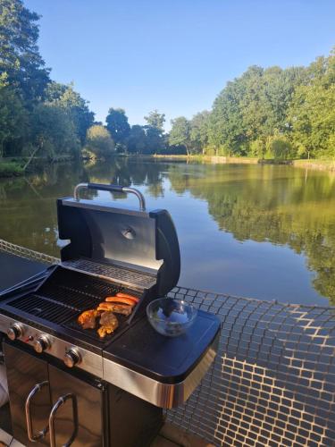 a barbecue grill on a table next to a river at Chalet sur l'eau dans un cadre idyllique in Nesmy