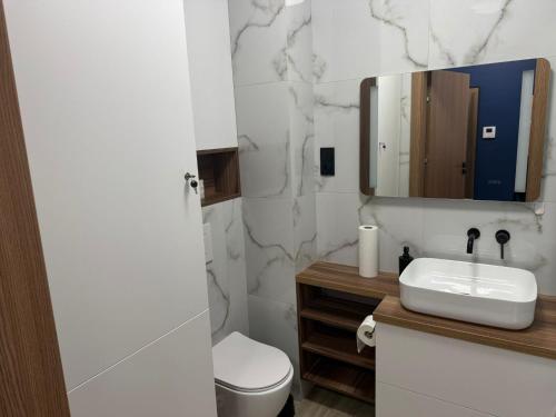 Un baño con lavabo, inodoro y espejo. en Apartament Pod Areną, en Cracovia