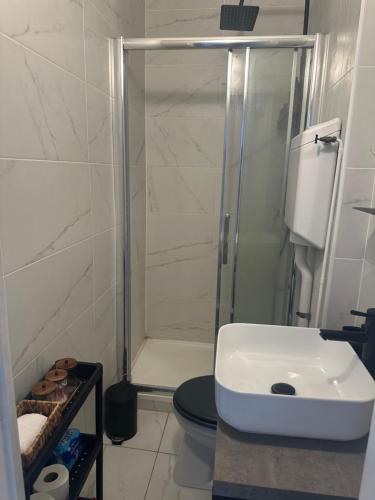 une salle de bain avec une douche, des toilettes et un lavabo dans l'établissement Bel Appartement Paris 11, à Paris