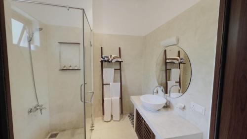 un bagno con lavandino e doccia in vetro di Palm Garden Ayurveda Resort ad Ahangama