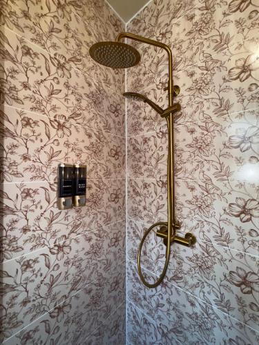 a shower in a bathroom with floral wallpaper at DUNE - T2 avec parking in Châteauroux