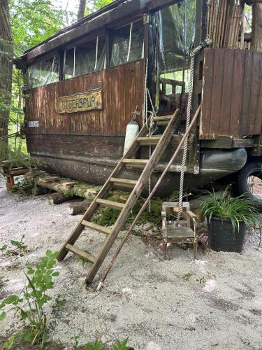 an old bus with a ladder on the side of it at Waldfloß Biberspur in Zieko