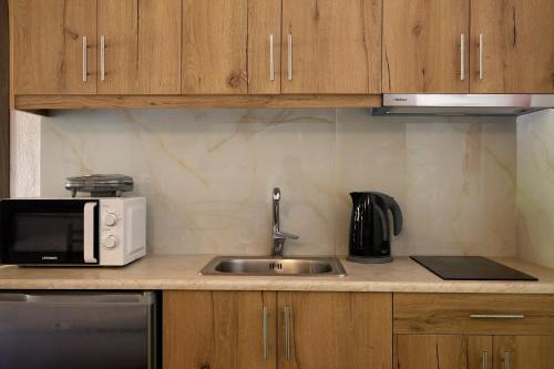 a kitchen with a sink and a microwave at Omalia Village in Áno Khóra