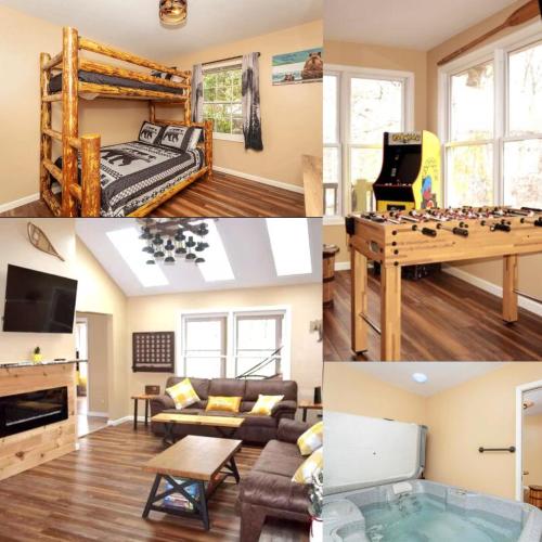 a collage of four pictures of a living room at Bear Cabin-3 BR 2 Bath with Indoor Hot tub-one level-Pool Pass-Pet welcome in McGaheysville