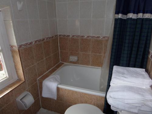 a bathroom with a tub and a toilet and a shower at Hostal y Cabañas Villa Germana in Puerto Varas