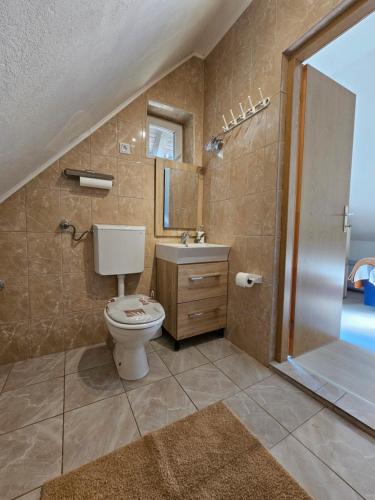 a bathroom with a toilet and a sink and a shower at Guesthouse Loncar in Plitvička Jezera