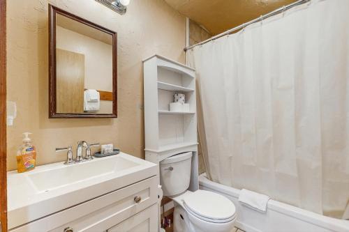 a bathroom with a sink and a toilet and a mirror at Hungry Horse Hideout - Upper Level in Hungry Horse