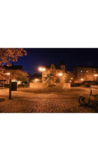 a park at night with a bench and buildings at Hotel U Radnice Aš in Aš
