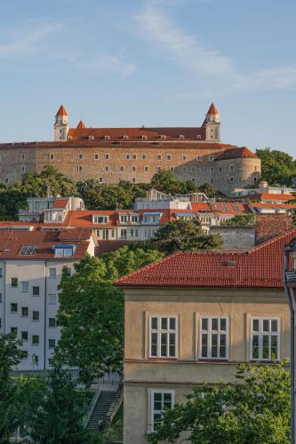 a view of a city with buildings in the background at City Mini Studio in Bratislava