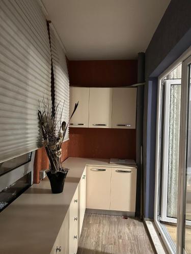 una cucina con armadi bianchi e un vaso con una pianta di Modern 2BR Apartment with Living Room and Private garage a Kashari