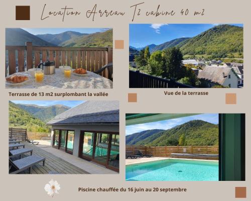 un collage de photos d'une piscine et de montagnes dans l'établissement Charmant appart 4-6 p avec vue magnifique - Arreau, à Arreau