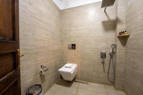 a bathroom with a toilet and a shower at hotels crazy horse in Ortahisar