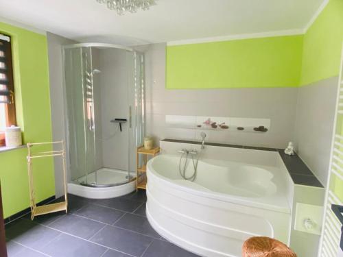 a bathroom with a large tub and a shower at Ferienhaus am Röhrensteig in Bad Gottleuba