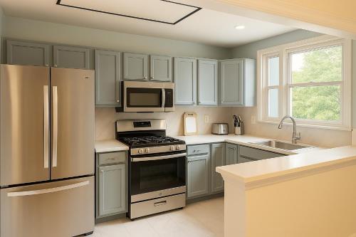 a kitchen with white cabinets and a stainless steel refrigerator at Cozy Drexel Hill Retreat - Perfect for Families in Drexel Hill