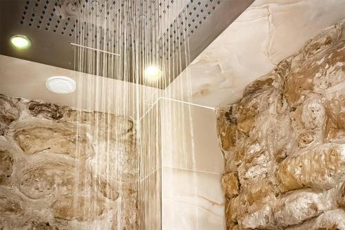 パリにあるIle saint Louis Notre Dame de Parisの石壁のバスルーム(シャワー付)