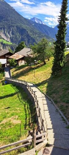 a stone path leading down a hill with a mountain at Chalet Bernadette in Mörel