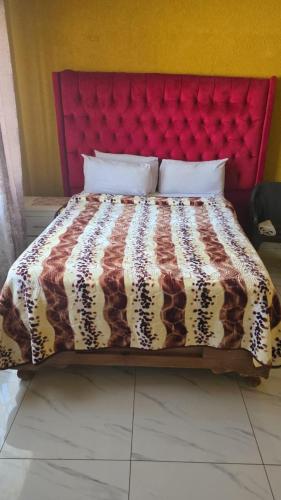 - une chambre avec un lit doté d'une tête de lit rouge dans l'établissement Neethling 6 Guest House, à Johannesbourg