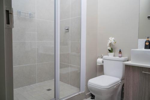 a bathroom with a shower with a toilet and a sink at Two At Urban Pulse in Johannesburg