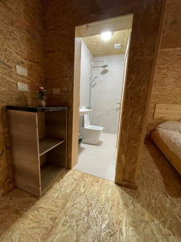 a bathroom with a shower and a sink and a toilet at Xhagolands in Përmet