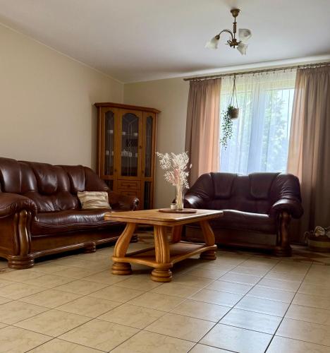 a living room with two leather couches and a coffee table at Dom z Jacuzzi w Mielniku in Mielnik