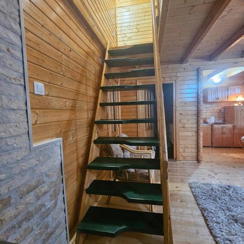 a wooden spiral staircase in a wooden house at Magic Cottage From Paradise in Râu de Mori