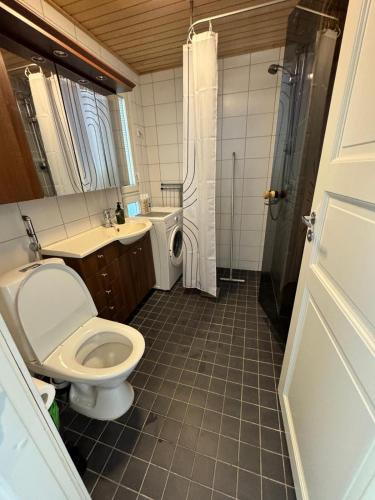 a bathroom with a toilet and a sink and a washing machine at Näköalahuoneisto 426 in Syöte