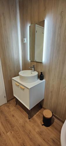 a bathroom with a white sink and a mirror at La Cabane du Gouët in Saint-Julien