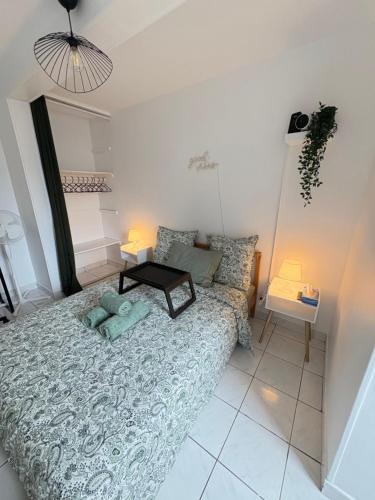 ein Wohnzimmer mit einem Bett und einer Couch in der Unterkunft F3 confortable à 2 min du métro et ambiance cinéma in Saint-Ouen