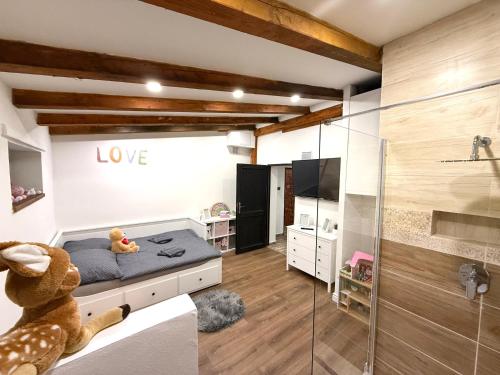 a bedroom with a bed and a glass shower at Horský dům pod přehradou u sjezdovky a potůčka v horách in Český Jiřetín