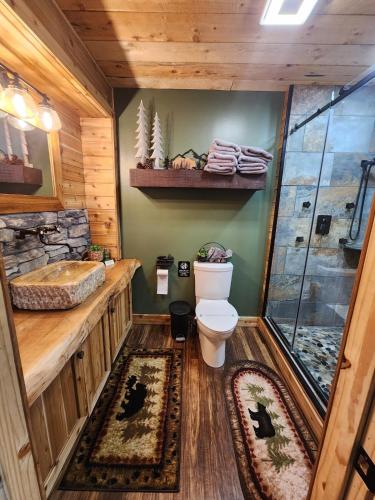 a bathroom with a toilet and a shower and a sink at The Kalli-Ru near Golf, Ohiopyle, Fallingwater 