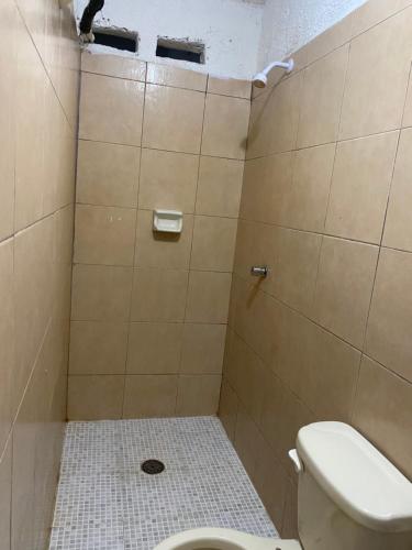 a bathroom with a toilet and a tiled shower at Bungalow cielo azul in Acapulco