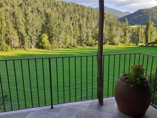a vase on a balcony with a view of a golf course at Cal Pallerola in Montargull de la Vansa