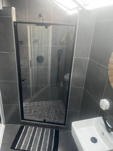 a shower with a glass door next to a sink at Mitchell's Guesthouse in Parow