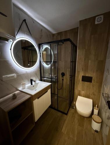 a bathroom with a shower and a sink and a toilet at CHlLL HILL in Vrnjačka Banja