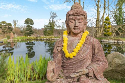 a statue of a buddha sitting in front of a pond at Karmacations in Alton Pancras