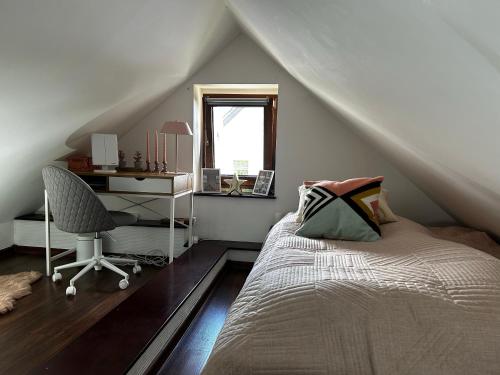 a bedroom with a bed and a desk and a chair at Słupiecki Zakątek in Nowa Ruda