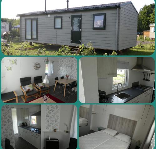 a collage of pictures of a tiny house at 3-persoons 4-persoons en 6-persoons chalet Drenthe in Hoogersmilde