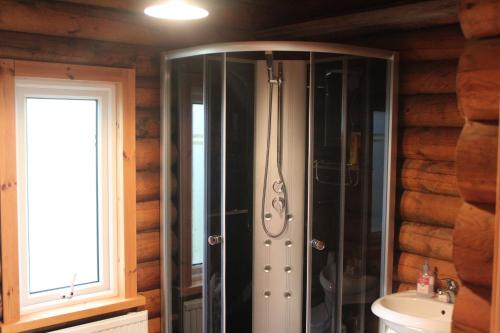 a shower in a bathroom with a sink and a window at Akureyri Log Cabin in Akureyri