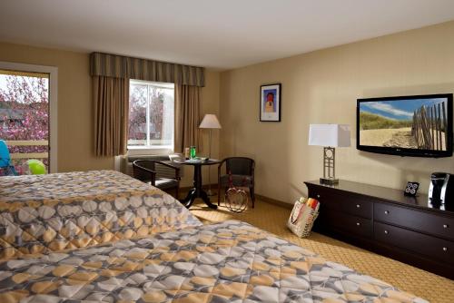 a hotel room with a bed and a flat screen tv at Wellfleet Motel & Lodge in Wellfleet