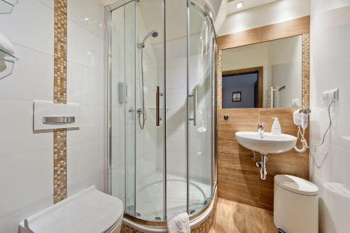 a bathroom with a shower and a toilet and a sink at DW Na Równi Białka Tatrzańska in Białka Tatrzanska