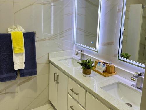 a white bathroom with a sink and a mirror at Hotel Alexandrina in Kingstown