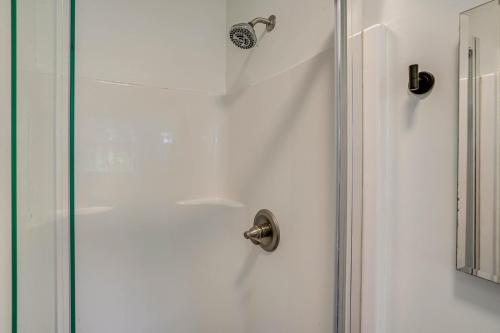 a shower with a glass door and a mirror at Family Home with Outdoor Oasis in Hudson Valley in High Falls