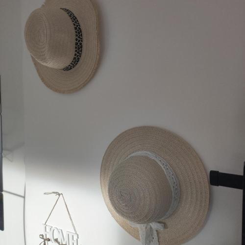 two straw hats are hanging on a wall at L'Ambréenne in Sainte-Cécile