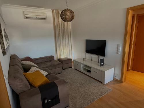 a living room with a couch and a flat screen tv at Urban Oasis in Mealhada
